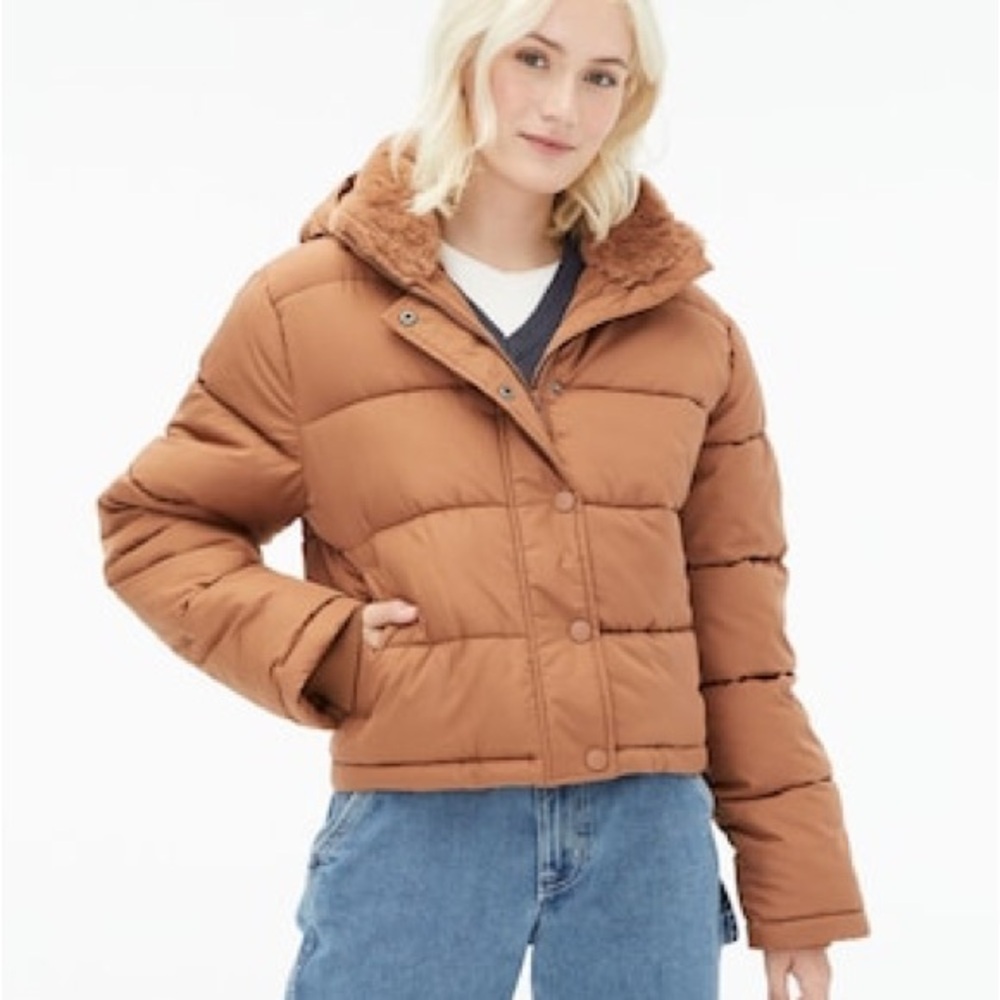 Aeropostale Remixed Down Hooded Puffer Jacket Brown Small